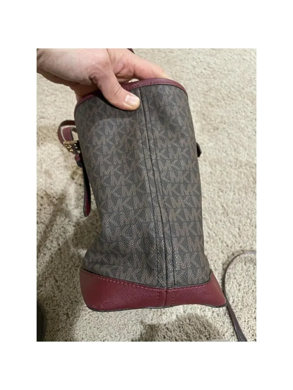 Michael Kors Large Tote Zipped Shoulder Bag Brown Leather Red Accents MK Logo
